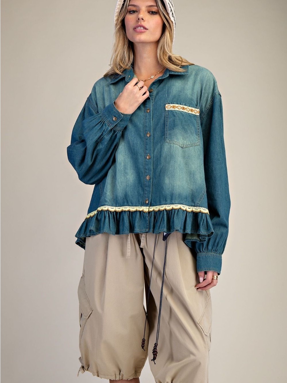 D2-2 New Easel Denim button-down with ruffle hem